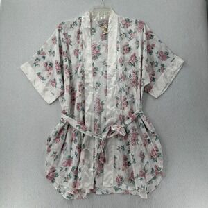 Vtg Kathryn Womens New Dead Stock Satin Floral Short Kimono‎ Robe LARGE